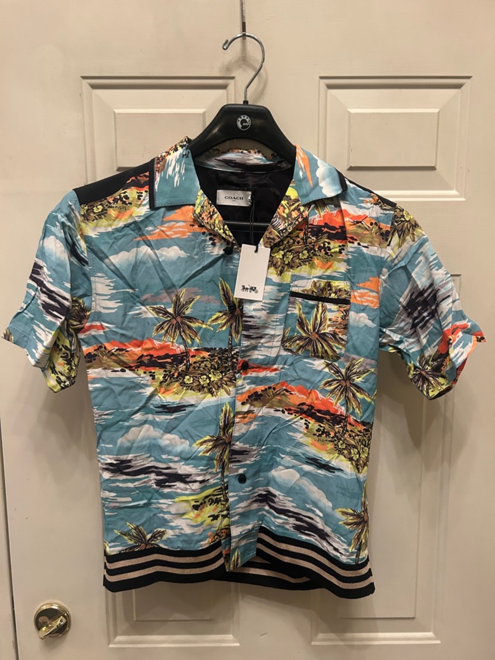 Coach Men's Teal Tropical Print Short Sleeve Polo